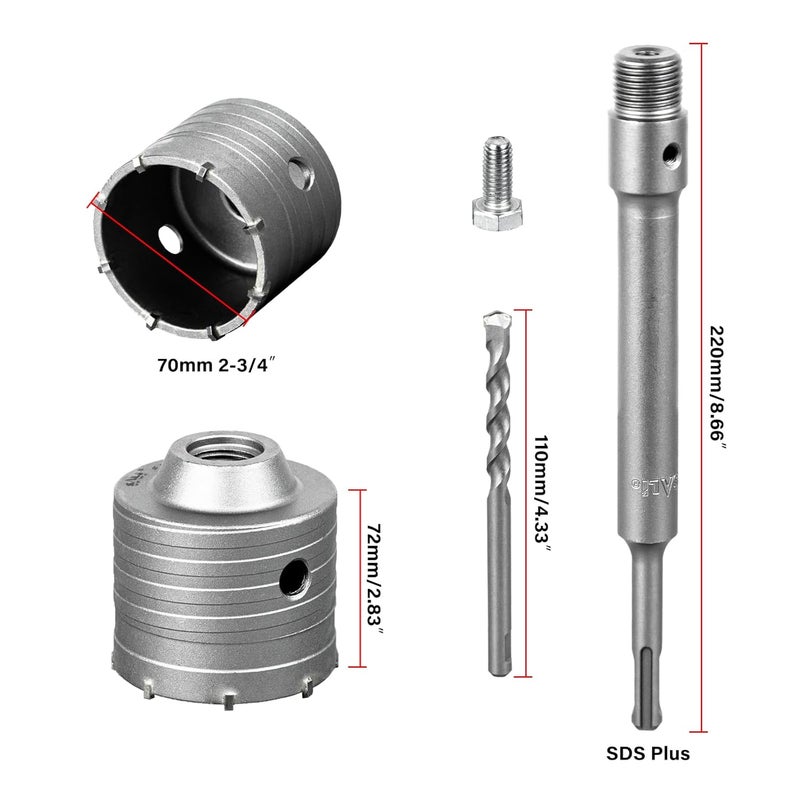 SALI Concrete Hole Saw Kits 2-3/4"（70mm） Tungsten Steel Wall Hole Cutter Drill Bit Sets with 220mm SDS Plus Shank Connecting Rod，110mm Center Positioning Drill Bits for Cinder Block,Brick,Adobe Wall - Image 2